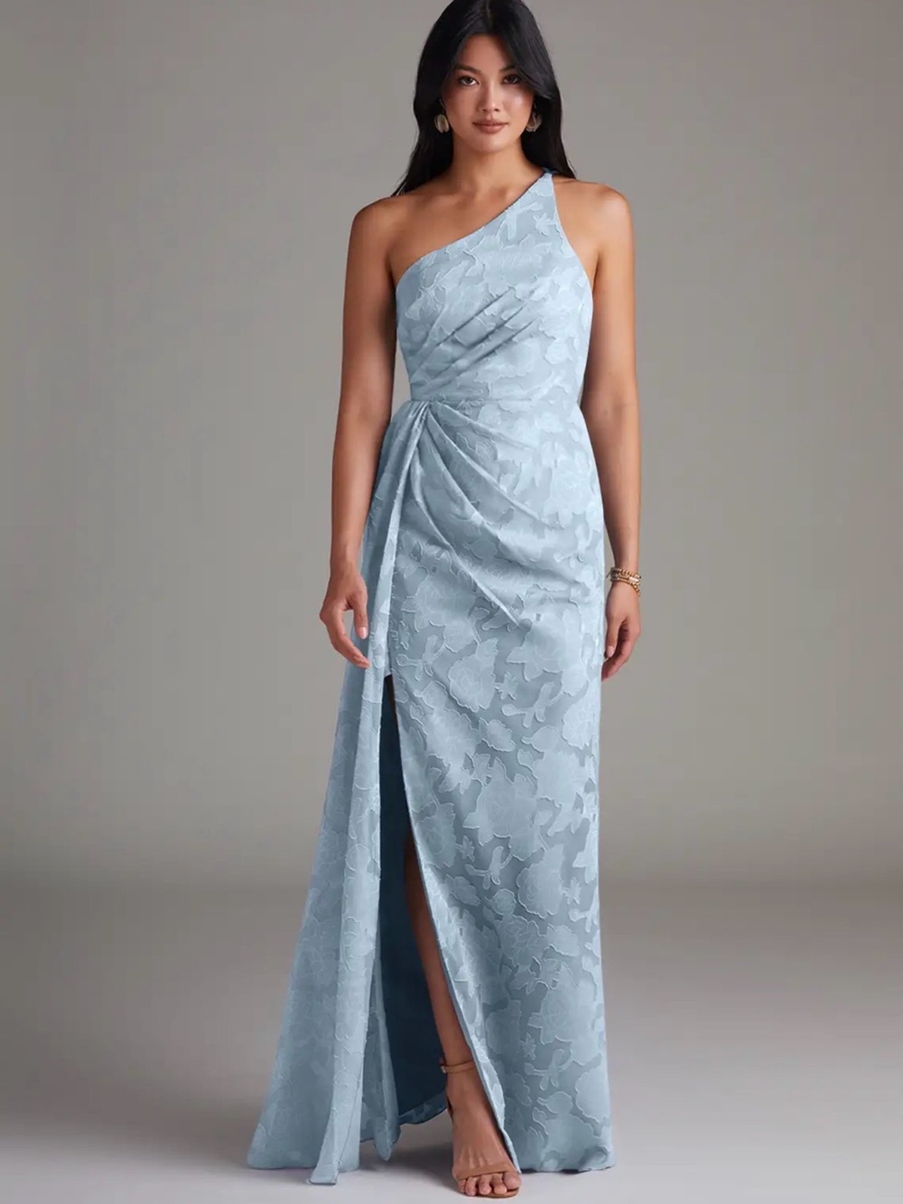 Azazie Mika Sky Blue Sheath One Shoulder Floral Burnout Dress